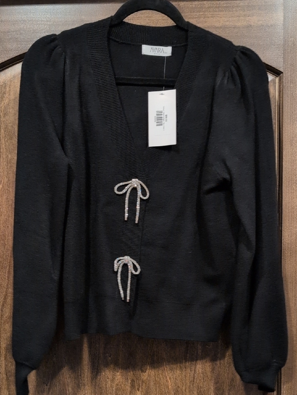 Black Knit Cardigan with Rhinestone Bow Closures
